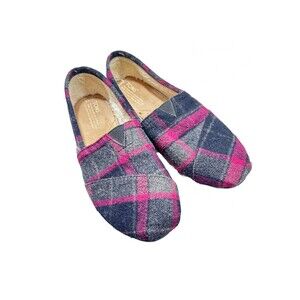 Toms Womens Size 9.5 Cozy Fairy Pink Plaid Loafers Canvas Comfortable Alpargatas
